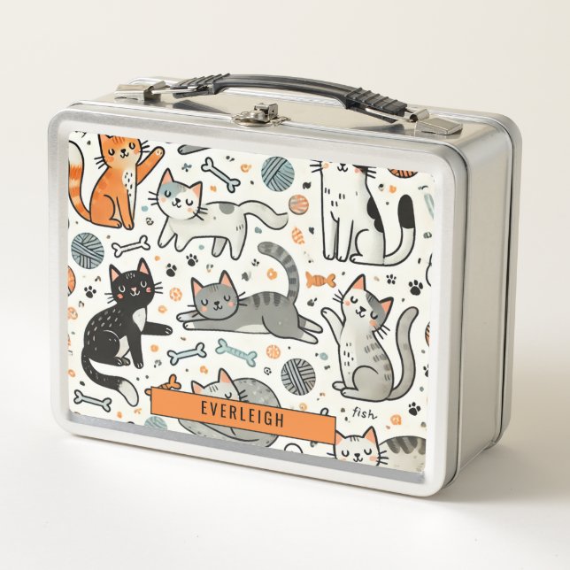 Personalized Kid's Cats And Yarn Metal Lunch Box (Front)
