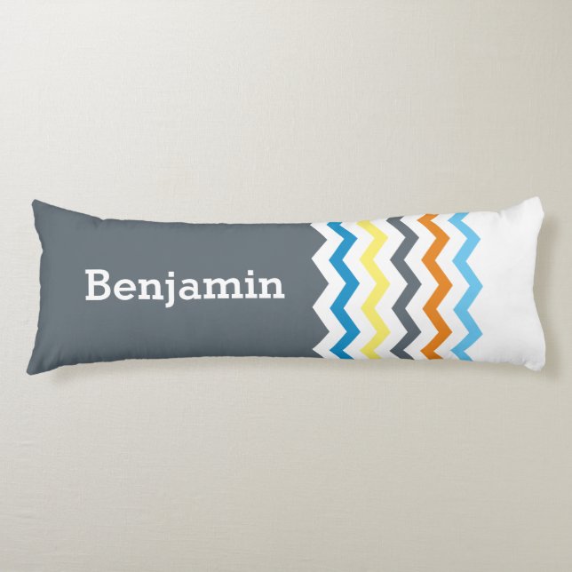 Personalized Kids Chevron Gray Blue Orange Yellow Body Pillow (Front)