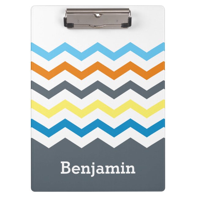 Personalized Kids Chevron Gray Blue Orange Yellow Clipboard (Front)