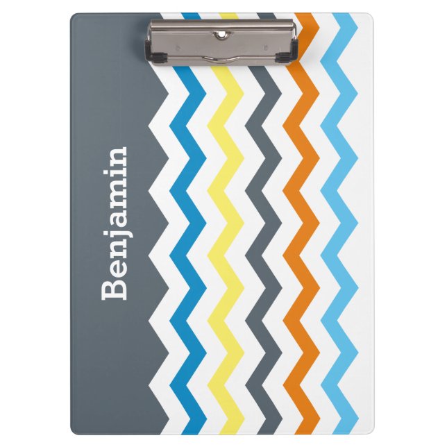 Personalized Kids Chevron Gray Blue Orange Yellow Clipboard (Front)