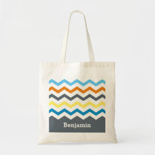 Personalized Kids Chevron Gray Blue Orange Yellow Tote Bag