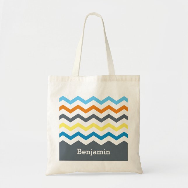 Personalized Kids Chevron Gray Blue Orange Yellow Tote Bag (Front)