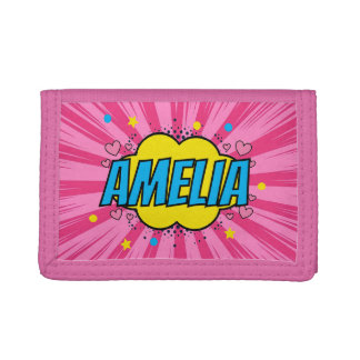 Personalized Kids Colorful Comic Style Pink Girl Tri-fold Wallet
