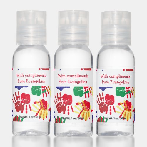 Personalized Kids Colorful Handprints Art Party Hand Sanitizer
