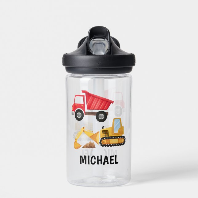 Personalized Kids Construction Digger  Water Bottle (Front)