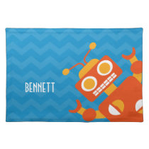 Personalized Kids Crazy Orange Robot Blue Chevron Cloth Placemat