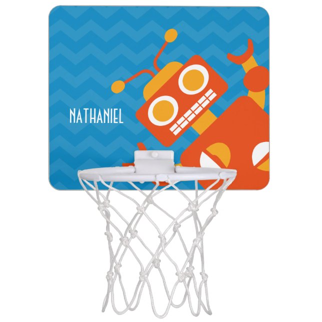 Personalized Kids Crazy Orange Robot Blue Chevron Mini Basketball Hoop (Front)