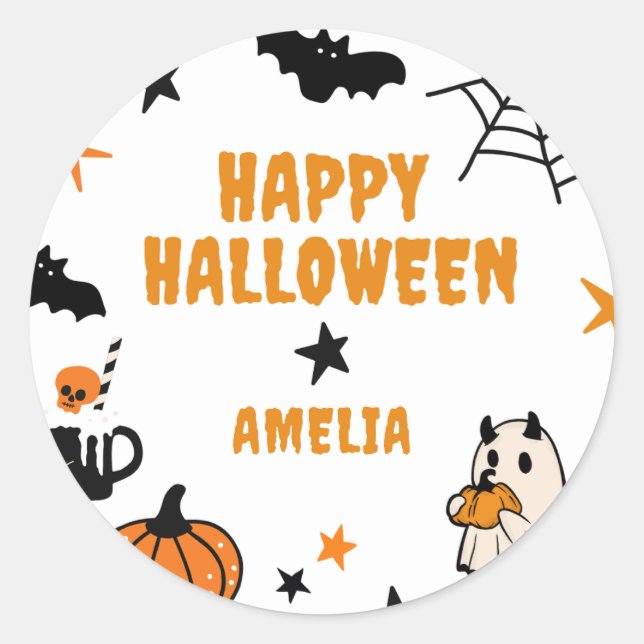 Personalized Kids Cute Happy Halloween Party Favor Classic Round Sticker (Front)