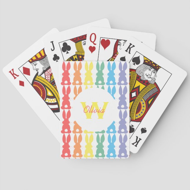 Personalized Kids Cute Rainbow Bunny Silhouette Poker Cards (Back)
