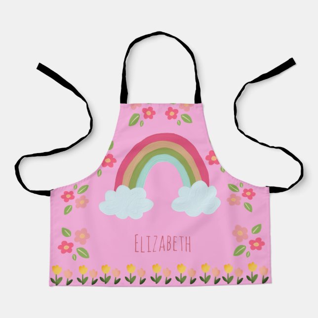 Personalized Kids Cute rainbow girl pink Floral Apron (Front)