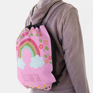 Personalized Kids Cute rainbow girl pink school Drawstring Bag