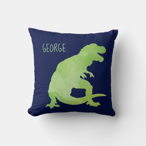 Personalized Kids Dinosaur Green Blue Watercolor Throw Pillow