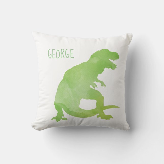 Personalized Kids Dinosaur Green Watercolor Boys Throw Pillow (Front)