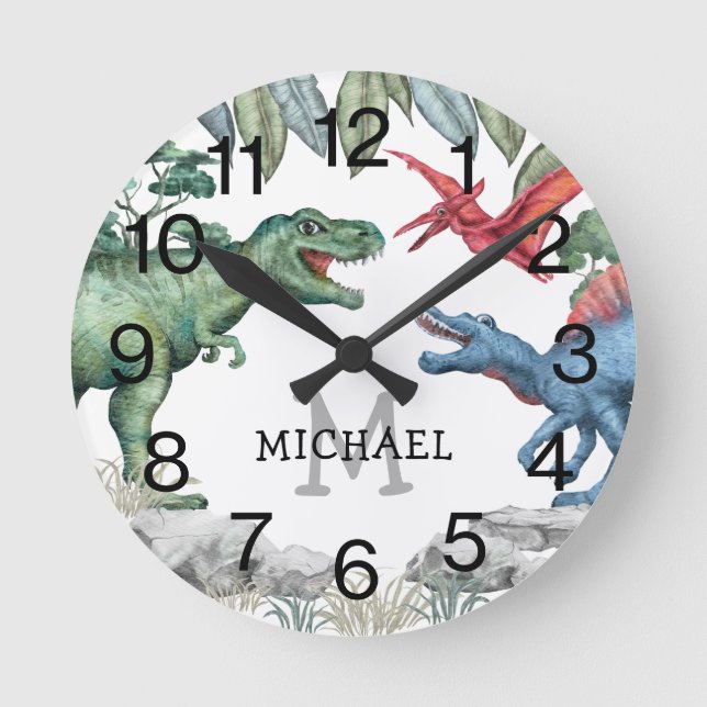 Personalized Kids Dinosaur Name Round Clock (Front)