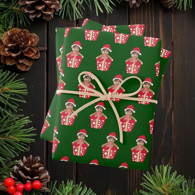 Personalized Kids Face Photo Christmas Green Wrapping Paper Sheets (Creator Uploaded)