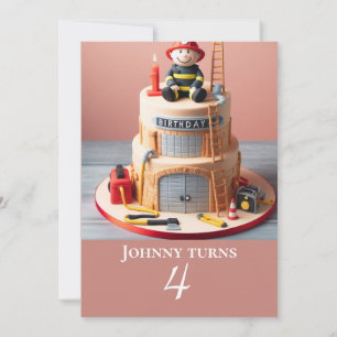Personalized Kids Firefighter Cake Birthday  Invitation
