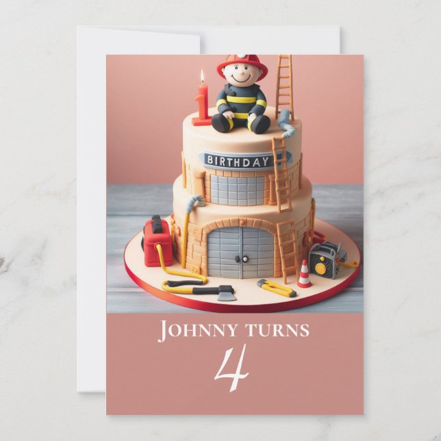 Personalized Kids Firefighter Cake Birthday  Invitation (Back)