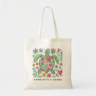 Personalized Kids’ Floral Turtle Library Tote Bag