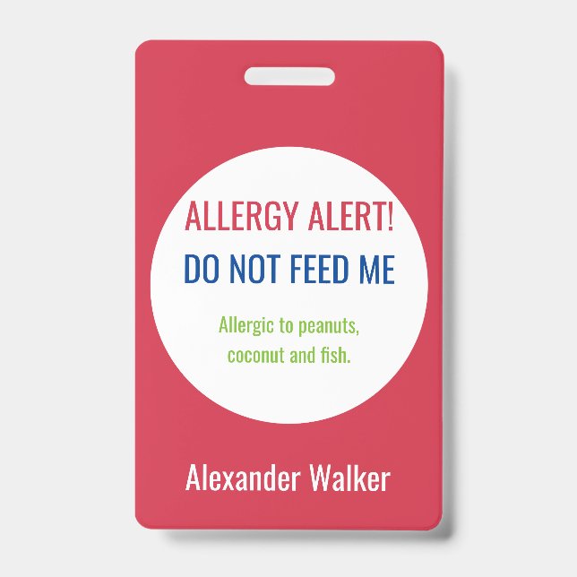 Personalized Kids Food Allergy Alert Customized Badge (Front)