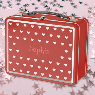 Personalized Kids Girls Name Pink Hearts School Metal Lunch Box