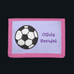 Personalized Kids Girls Soccer Football Wallet<br><div class="desc">Personalize this wallet with your child's name. The background is a lavender purple color. To change the color click on Edit, then Background. A color palette will pop up on your screen and you can change the color. Click on Done to save your changes. You can also change the font...</div>