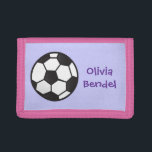 Personalized Kids Girls Soccer Football Wallet<br><div class="desc">Personalize this wallet with your child's name. The background is a lavender purple color. To change the color click on Edit, then Background. A color palette will pop up on your screen and you can change the color. Click on Done to save your changes. You can also change the font...</div>