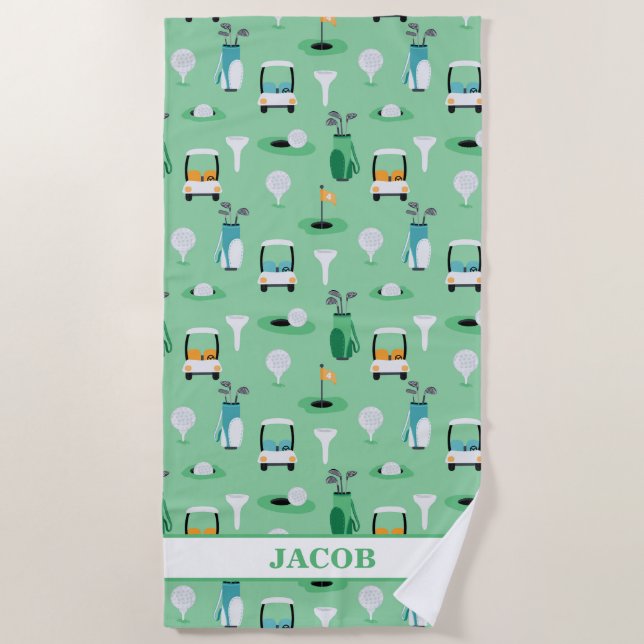 Personalized Kids Golfer Golfcart Golfing Sporty Beach Towel (Front)