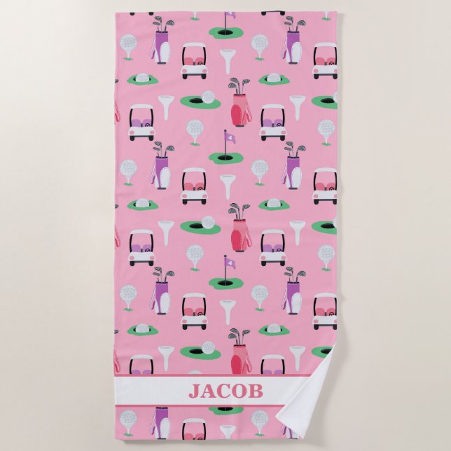 Personalized Kids Golfer Golfcart Golfing Sporty Beach Towel (Front)