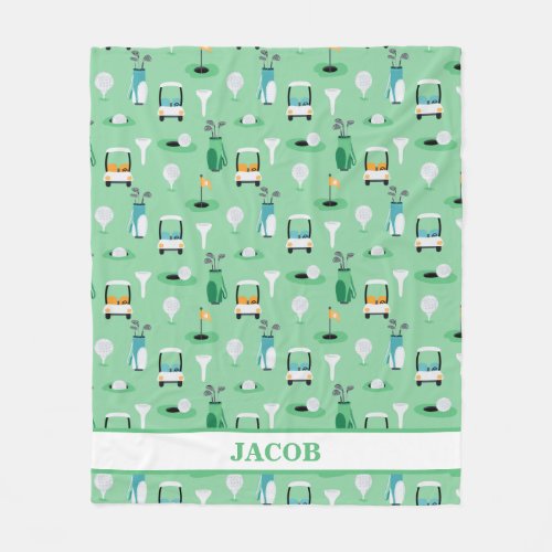 Personalized Kids Golfer Golfcart Golfing Sporty Fleece Blanket