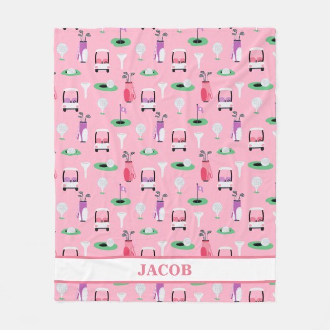 Personalized Kids Golfer Golfcart Golfing Sporty Fleece Blanket (Front)