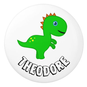 Personalized kids green dino drawer handle ceramic knob