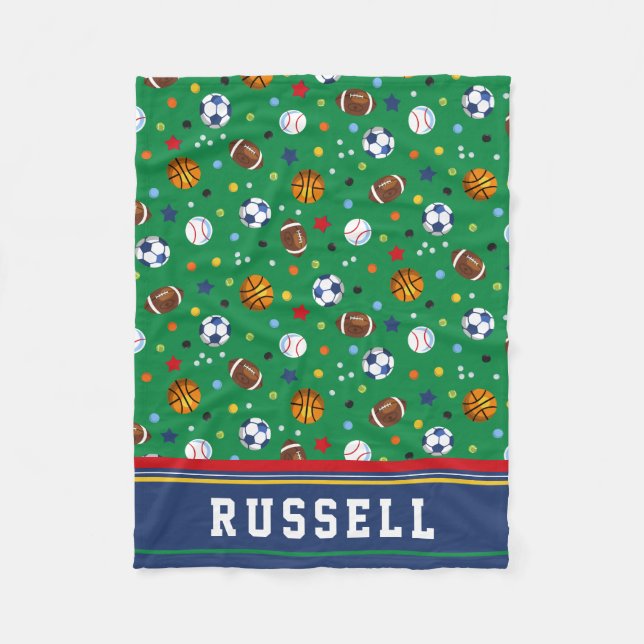 Personalized Kids Green Multi Sports Fleece Throw (Front)