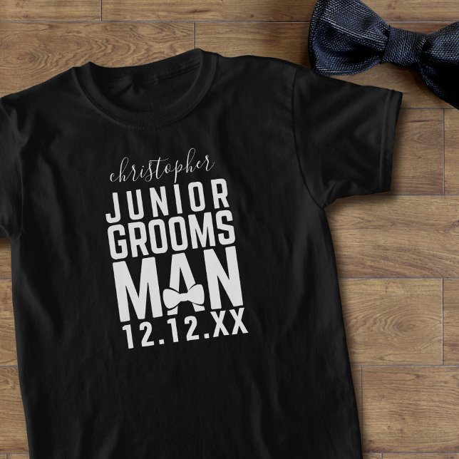 Personalized Kids Junior Groomsman Black T-Shirt (Just add a name and wedding date to this black and white Junior Groomsman t-shirt)