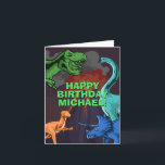 Personalized Kids Jurassic Dino Dinosaur Birthday Card<br><div class="desc">This dinosaur design is great for the birthday boy in your life. Give them a dino-mite bday with this dino themed design featuring a trex,  triceratops,  brontosaurus,  and raptor.</div>