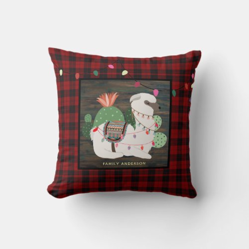 Personalized Kids LLama Alpaca Xmas Buffalo Plaid Throw Pillow