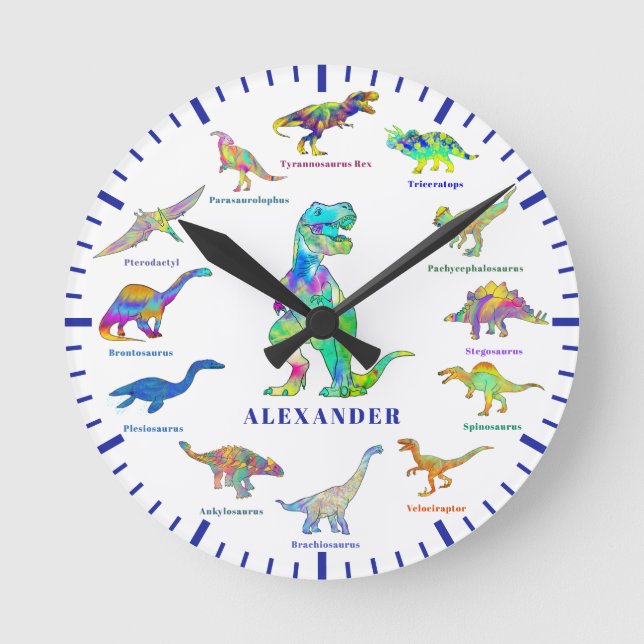 Personalized Kids Name Colorful Cute Dinosaurs Round Clock (Front)