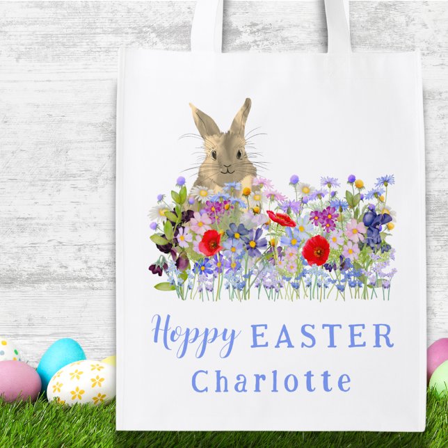 Personalized Kids Name Easter Egg Hunt Cute Bunny  Grocery Bag (Easter egg hunt custom budget tote bag watercolor wildflowers and cute Easter bunny)