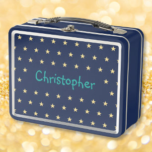 Personalized Kids Name Gold Stars Boys Blue School Metal Lunch Box