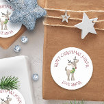 Personalized Kids Name Love Santa  | Reindeer Classic Round Sticker<br><div class="desc">Personalized stickers from santa. Cute kids design with a red nosed reindeer and whimsical typography. The wording reads "happy christmas [child's name] love santa" and the template is set up for you to personalize with your child's name.</div>