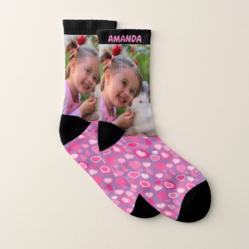 Personalized Kids Photo And Name Pink Socks by CustomizePersonalize at Zazzle