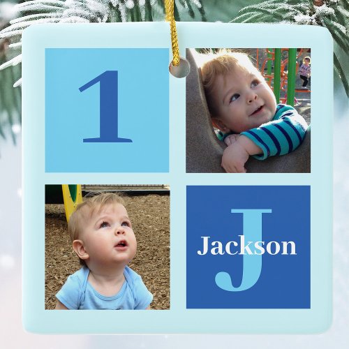 Personalized Kids Photo Collage Blue Christmas Ceramic Ornament