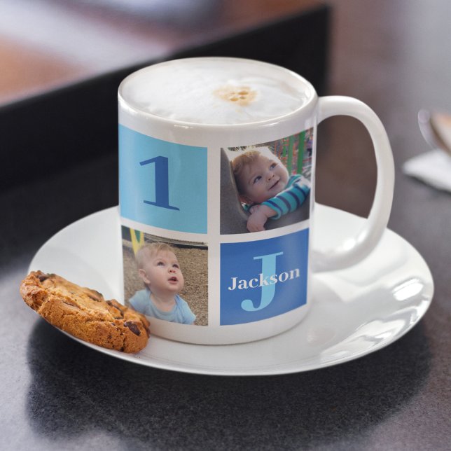 Personalized Kids Photo Collage Cute Blue Coffee Mug (Creator Uploaded)