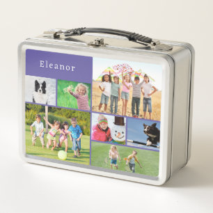 Personalized Kids Photo Collage Purple School Metal Lunch Box