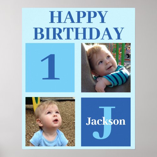 Personalized Kids Photo Cute Blue Birthday Party Poster