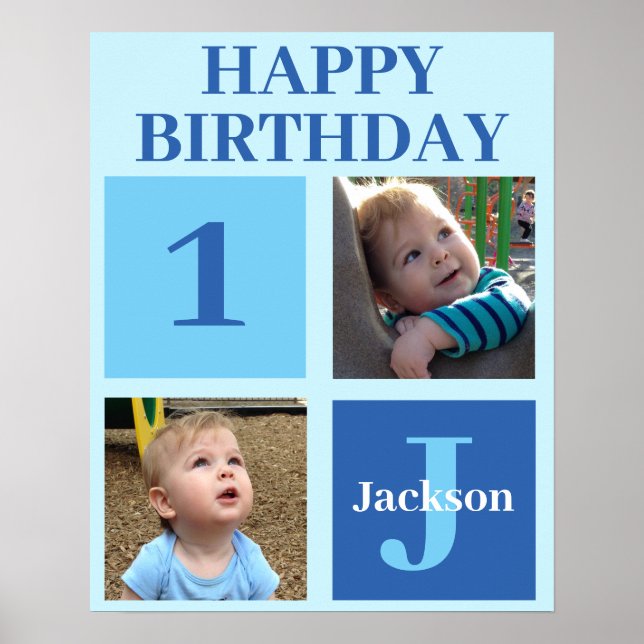 Personalized Kids Photo Cute Blue Birthday Party Poster (Front)