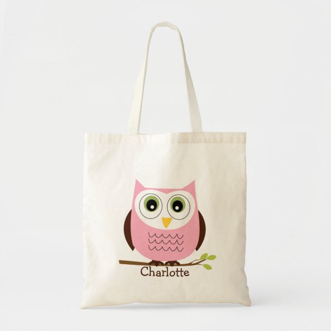 Personalized Kids Pink And Brown Owl Tote Bag (Front)