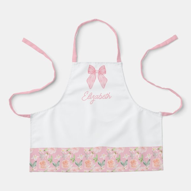 Personalized Kids Pink Bow Floral School Apron (Front)