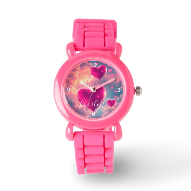 Personalized Kids Pink Strap with Pink Hearts Watch (Front)