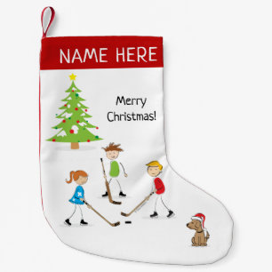 Personalized Kids Playing Pond Hockey Small Christmas Stocking
