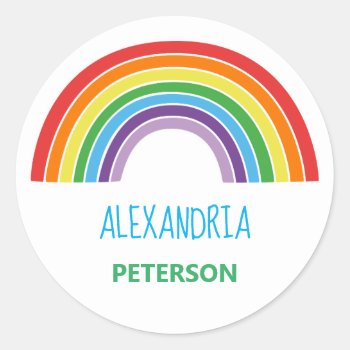 Personalized Kids Rainbow Colorful Classic Round Sticker by LilPartyPlanners at Zazzle